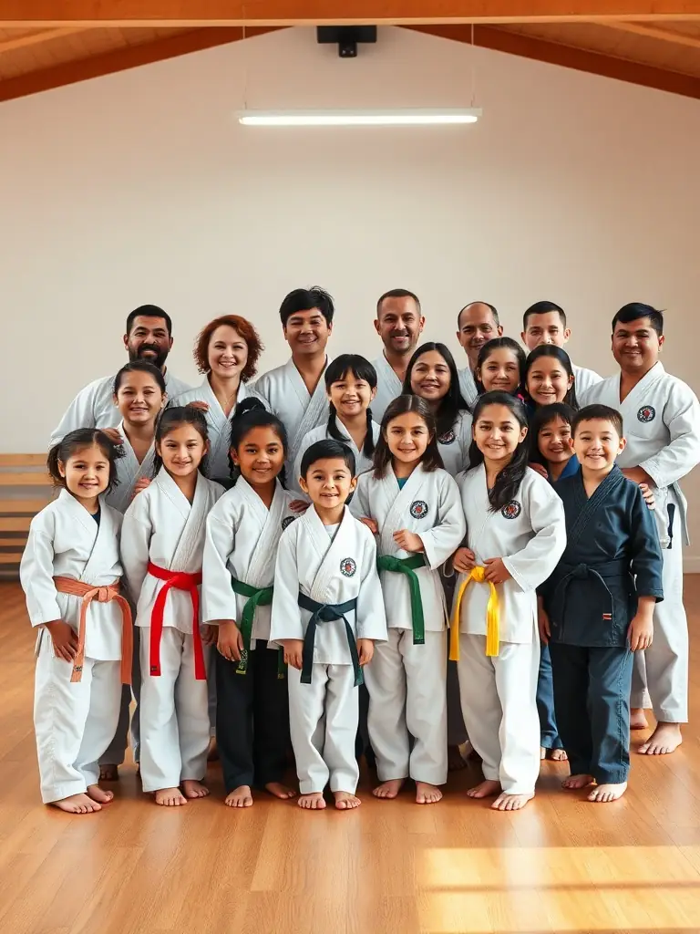 A group photo of diverse students of all ages and backgrounds participating in a martial arts class at AJAC ALLIANCE JUDO AURILLAC CANTAL, highlighting the inclusive and community-oriented nature of the organization.