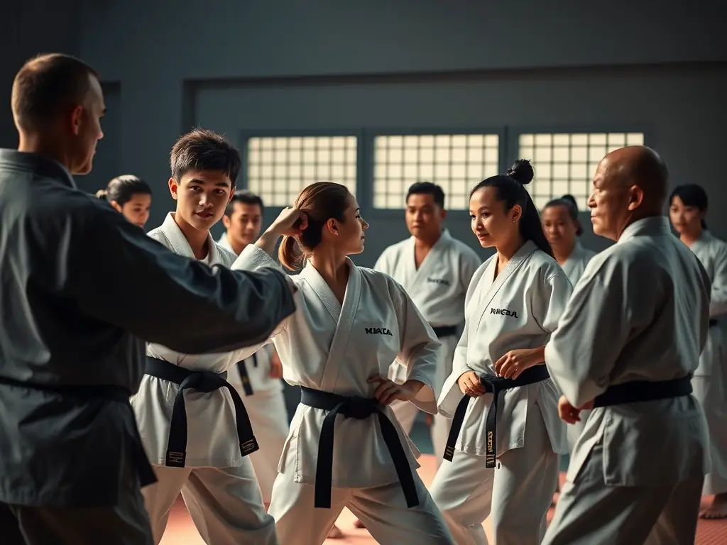 A group photo of members of AJAC ALLIANCE JUDO AURILLAC CANTAL, smiling and standing together in their martial arts uniforms, illustrating the sense of community and camaraderie.