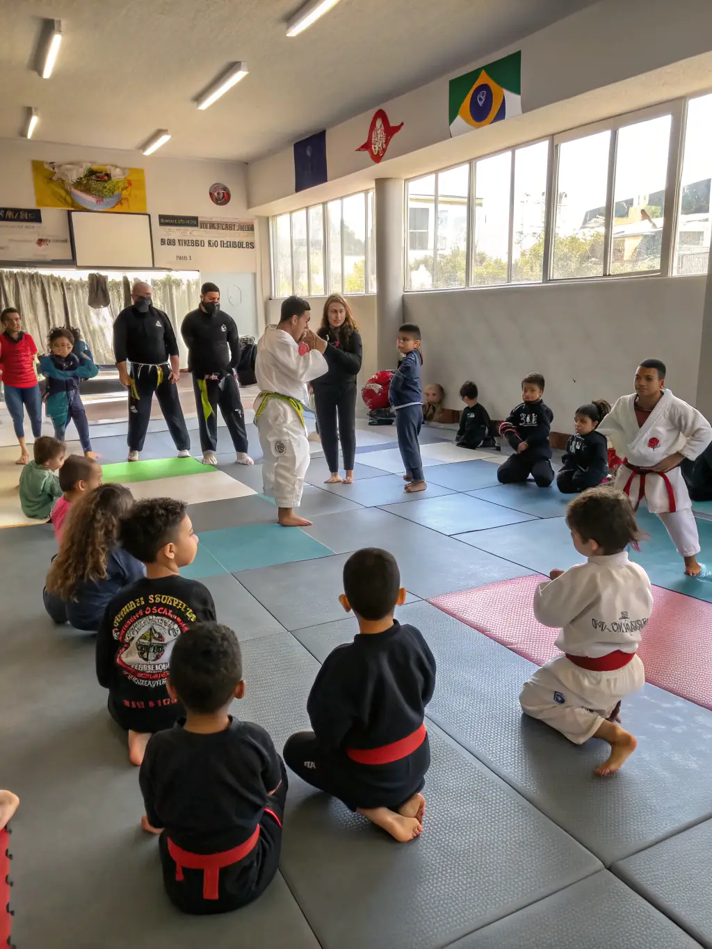 A group photo of smiling members of AJAC ALLIANCE JUDO AURILLAC CANTAL, including children and adults, standing together in their martial arts uniforms, symbolizing community and inclusivity.