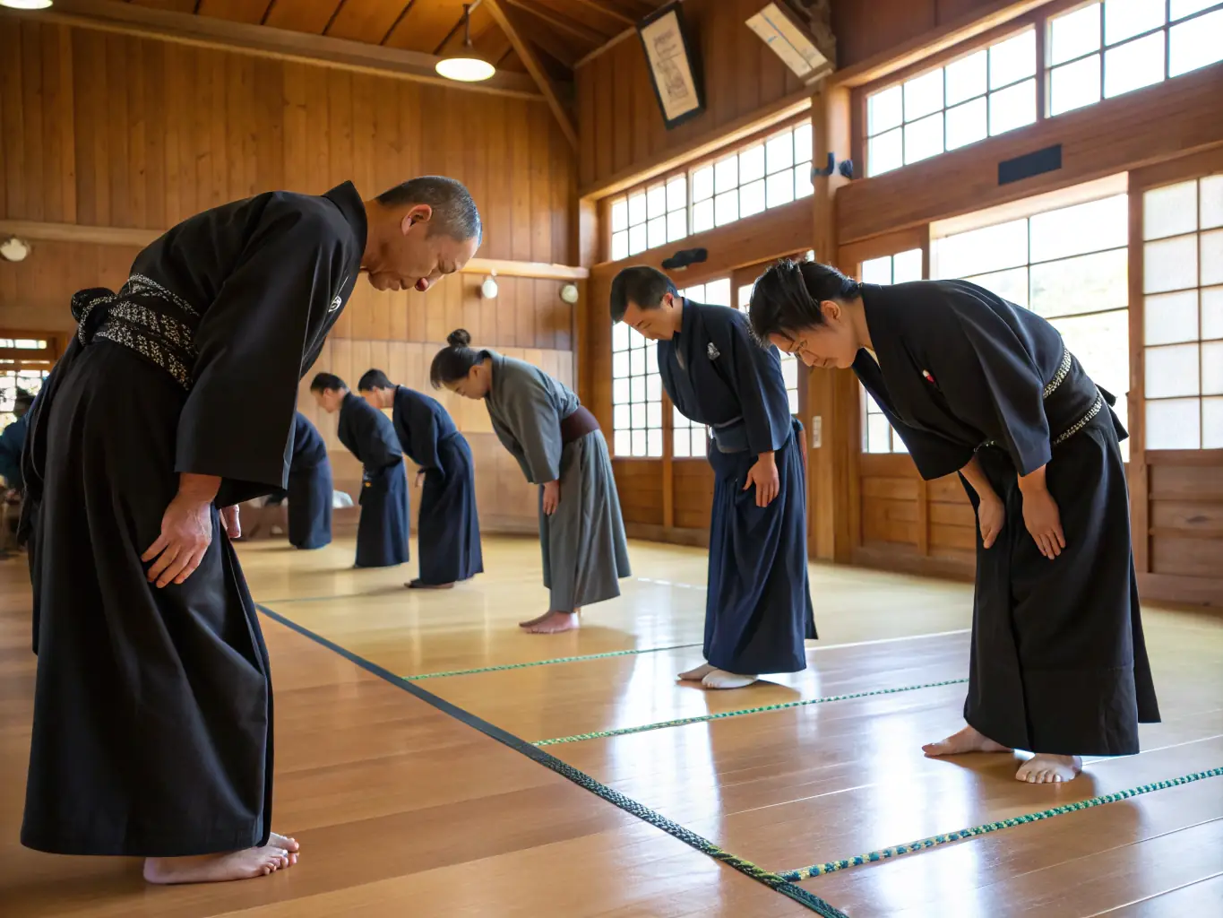 A kendo instructor demonstrating a sword technique to students in traditional attire, highlighting the discipline and precision of the art.