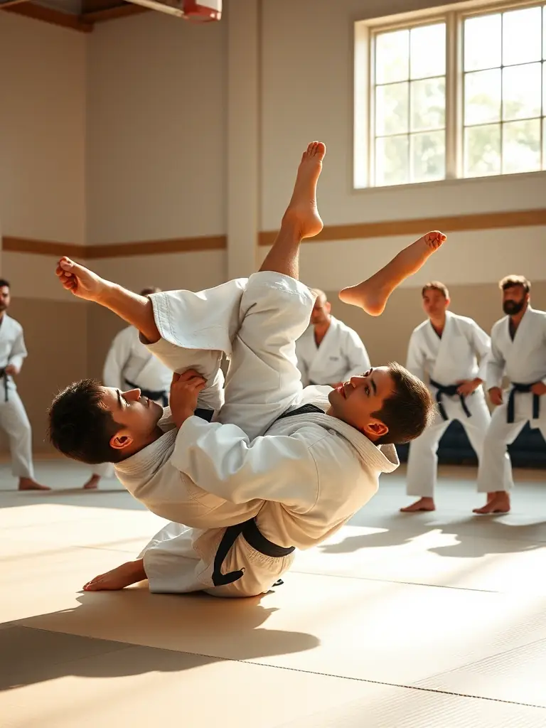A dynamic action shot of judo students practicing throws and grappling techniques during a training session at AJAC ALLIANCE JUDO AURILLAC CANTAL, showcasing the intensity and skill involved in judo.