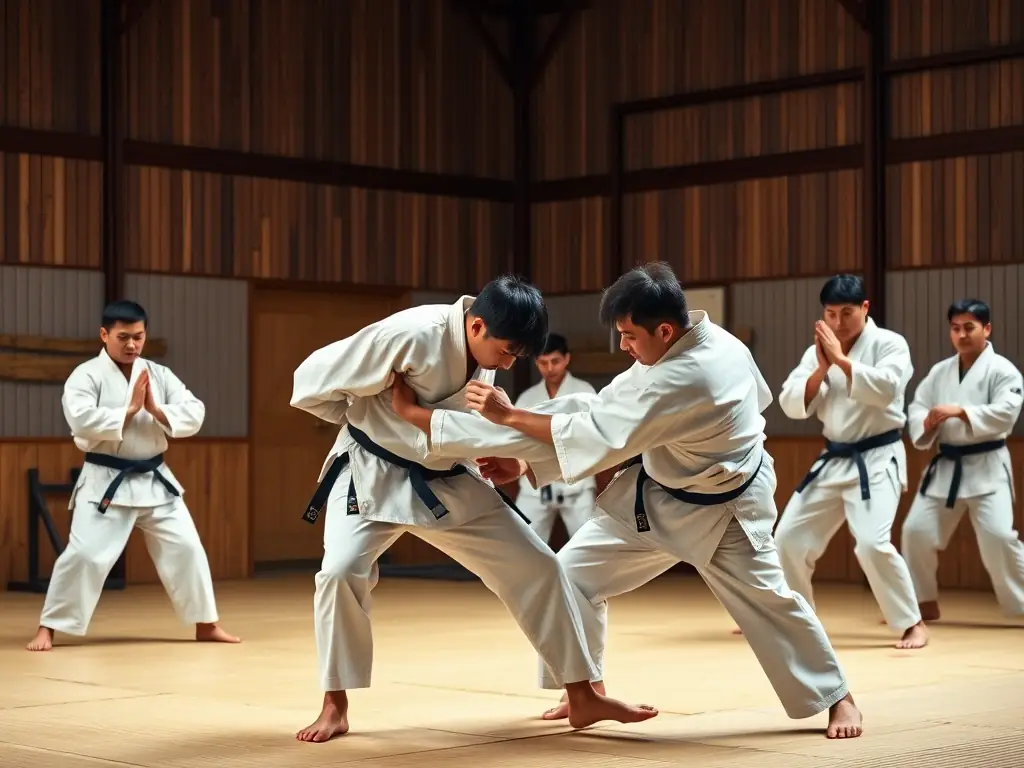 A diverse group of students practicing judo throws in a well-lit dojo, showcasing the physical activity and camaraderie.