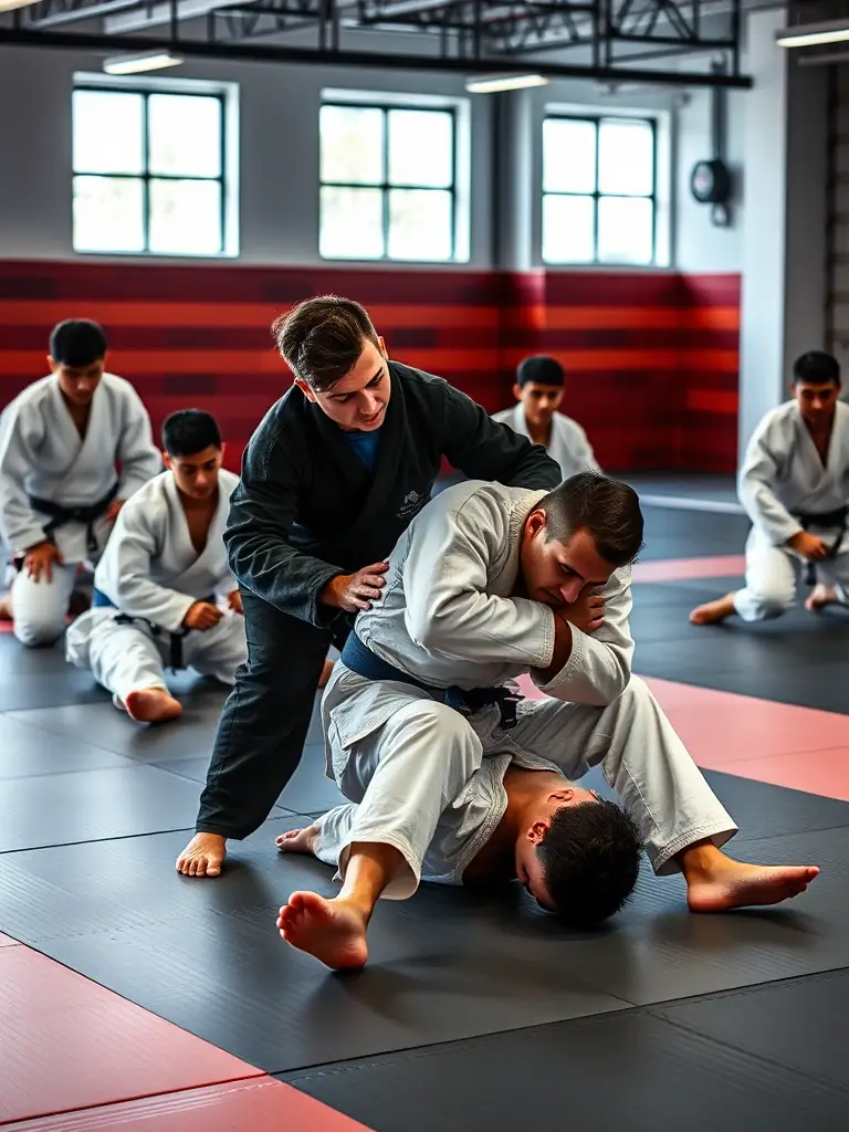 A focused image of jujitsu students practicing joint locks and submission techniques under the guidance of an instructor at AJAC ALLIANCE JUDO AURILLAC CANTAL, highlighting the self-defense aspects of jujitsu.