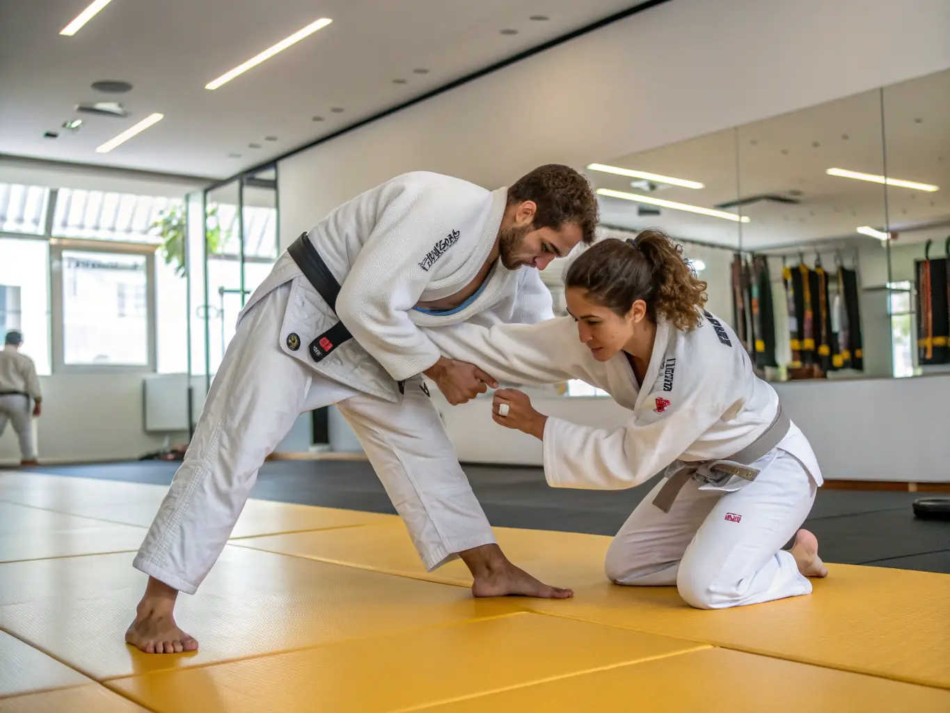 A focused image of a young participant practicing a jujitsu technique under the guidance of an instructor at AJAC ALLIANCE JUDO AURILLAC CANTAL, emphasizing the discipline and mentorship aspects.