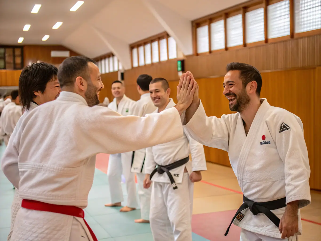 A group of students of various ages and backgrounds laughing together after a kendo session, emphasizing the sense of community.