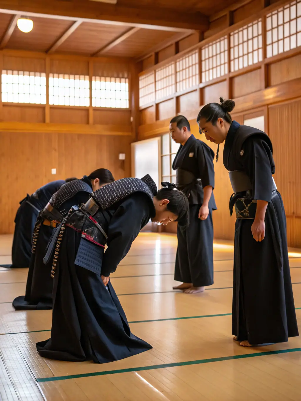 A serene image of kendo practitioners in traditional attire, wielding bamboo swords (shinai) during a formal kendo practice at AJAC ALLIANCE JUDO AURILLAC CANTAL, capturing the elegance and precision of kendo.