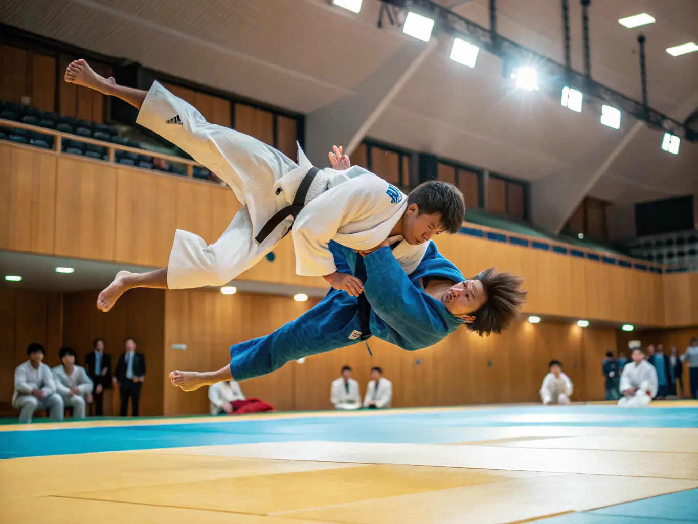 A dynamic action shot of judo practitioners in mid-throw during a training session at AJAC ALLIANCE JUDO AURILLAC CANTAL, showcasing the physical engagement and skill involved in judo.