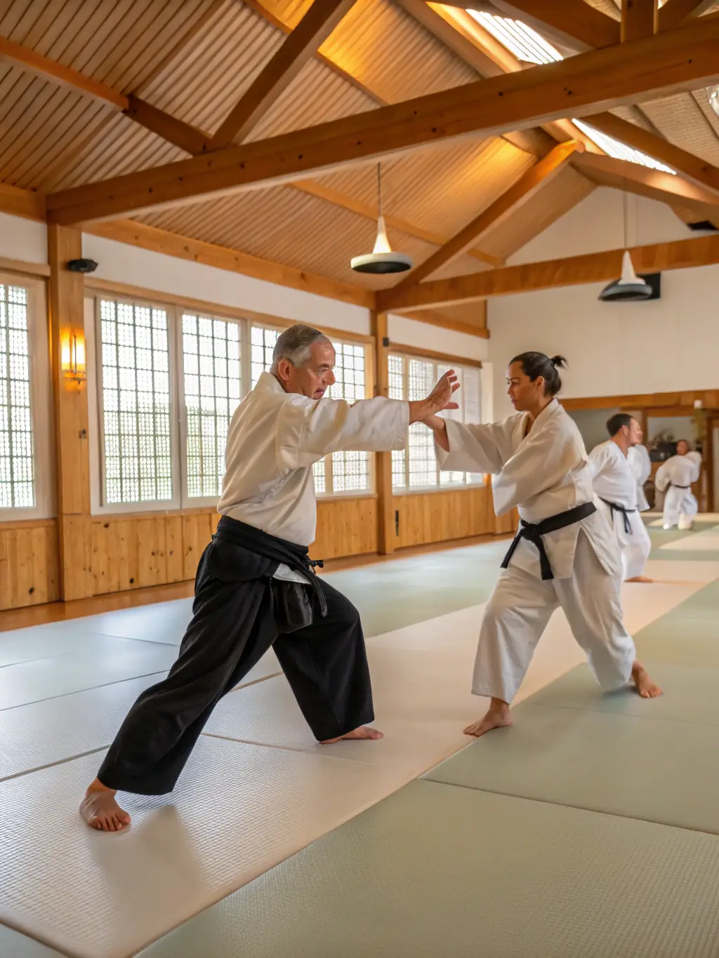 A serene photograph of kendo students in full gear, practicing strikes and forms with bamboo swords at AJAC ALLIANCE JUDO AURILLAC CANTAL, capturing the elegance and precision of kendo.