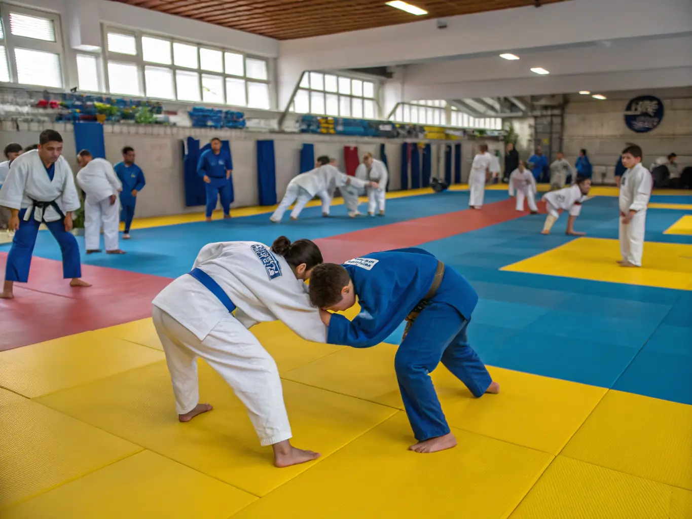 A group of children and adults practicing judo throws in a bright, clean dojo, emphasizing the inclusive nature of the program.